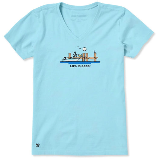 LIFE IS GOOD - WOMENS CRUSHER VEE TEE | Dockside Boat Aqua Blue