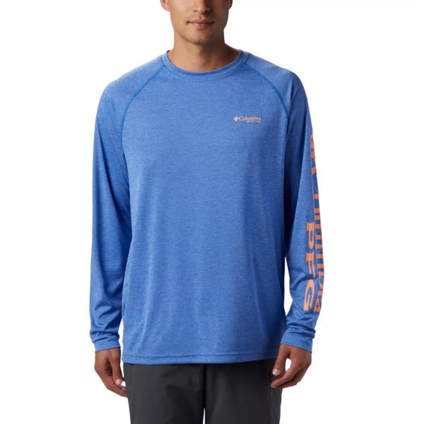 COLUMBIA - PFG TERMINAL TACKLE HEATHER LONG SLEEVE SHIRT | Vivid Blue Heather Bright Nectar Logo