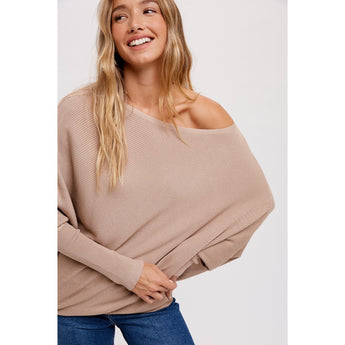 BLUIVY - ASYMMETRICAL OPEN SHOULDER DOLMAN PULLOVER | LATTE