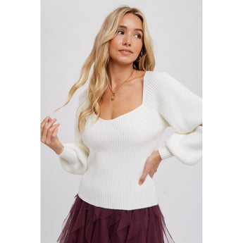 BLUIVY - SWEETHEART NECK BISHOP SLEEVES SWEATER | IVORY