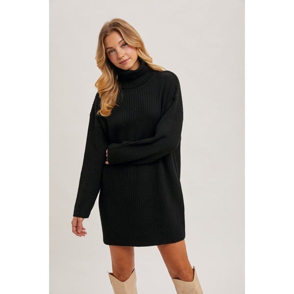 BLUIVY - TURTLENECK RIBBED SWEATER DRESS | BLACK