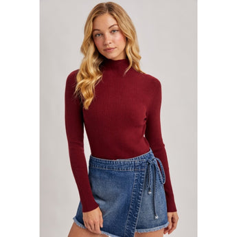 BLUIVY - MOCK NECK RIBBED KNIT TOP | BURGUNDY