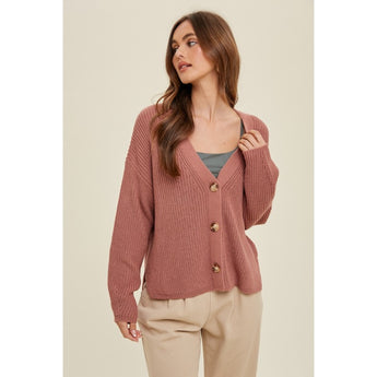WISHLIST - TEXTURED CARDIGAN WITH SIDE SLITS | RED BEAN